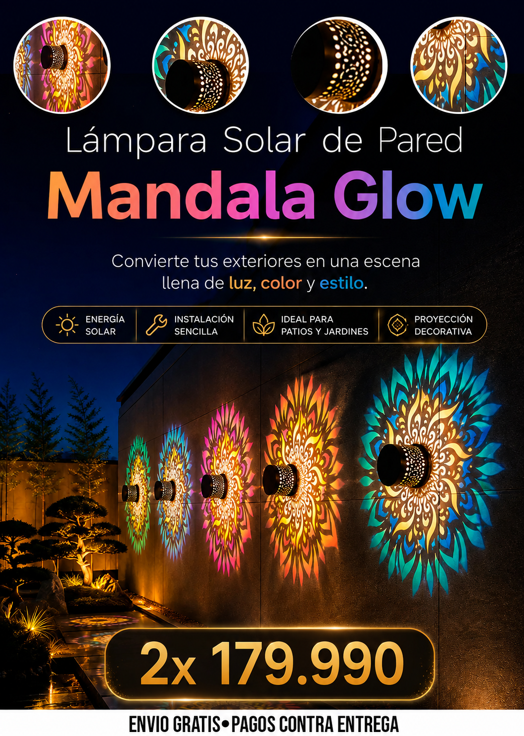 LÁMPARA SOLAR DE PARED MANDALA GLOW