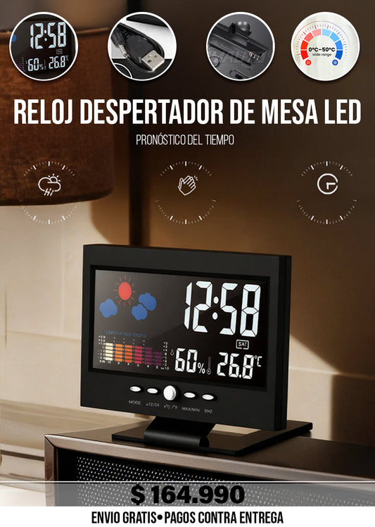 PRONÓSTICO DEL TIEMPO, RELOJ DESPERTADOR DE MESA LED