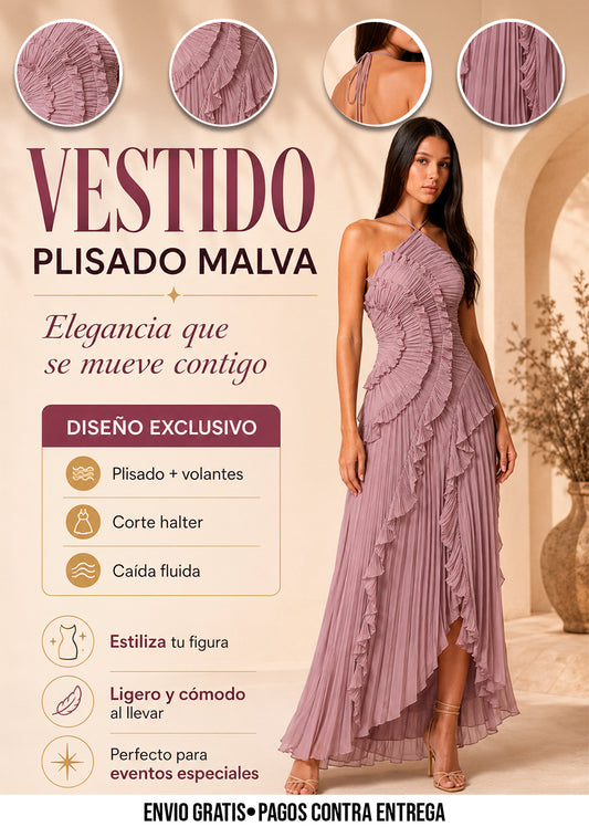 VESTIDO LARGO PLISADO ROSA MALVA CON BOLEROS